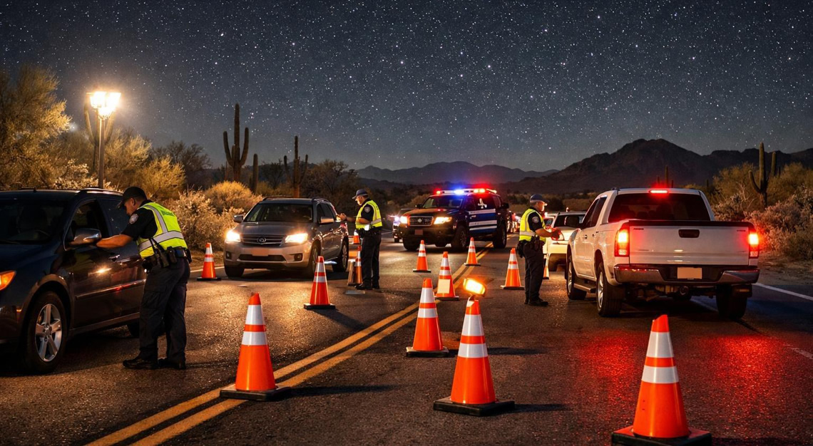 Police officers conducting a DUI checkpoint at night on an Arizona desert highway with traffic cones and a patrol car with flashing lights.
