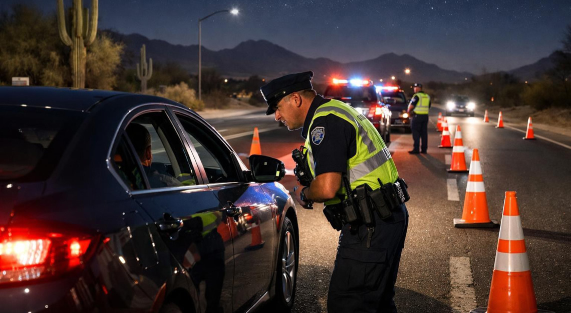 Police officer speaking with a driver at a nighttime DUI checkpoint on a road with traffic cones and police cars in Arizona desert surroundings.