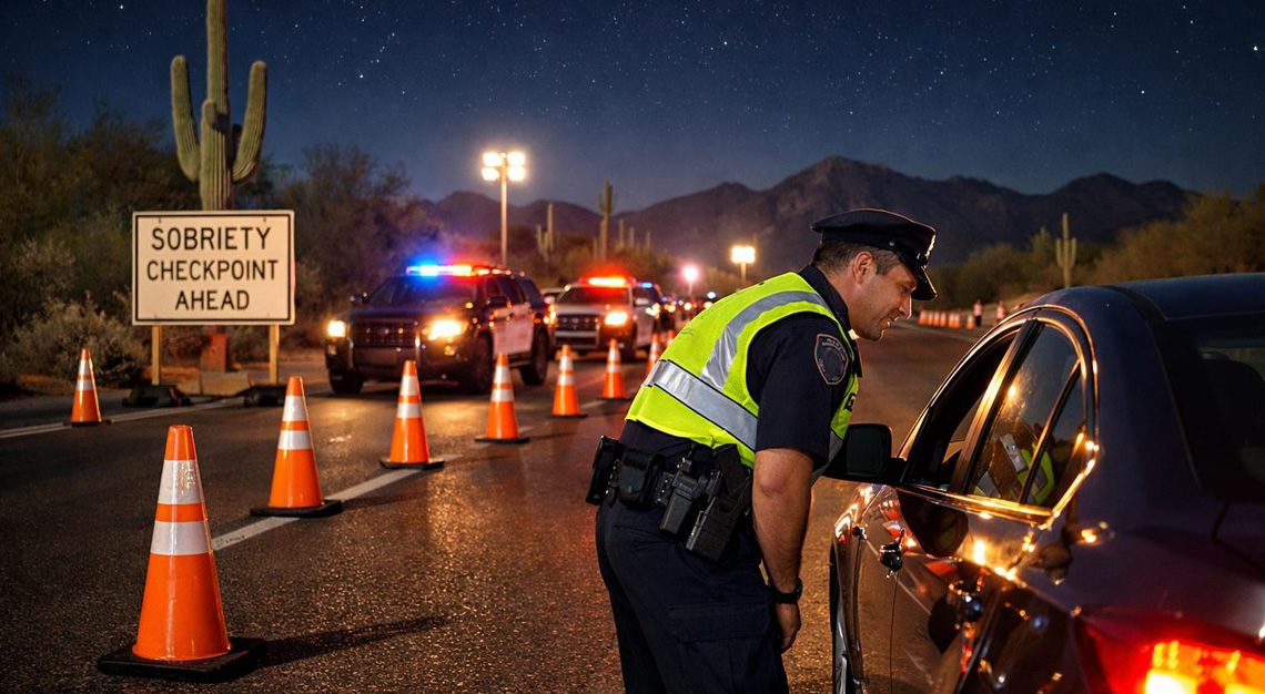 Police officer at a nighttime DUI checkpoint speaking with a driver in a car on a road with traffic cones and police lights.