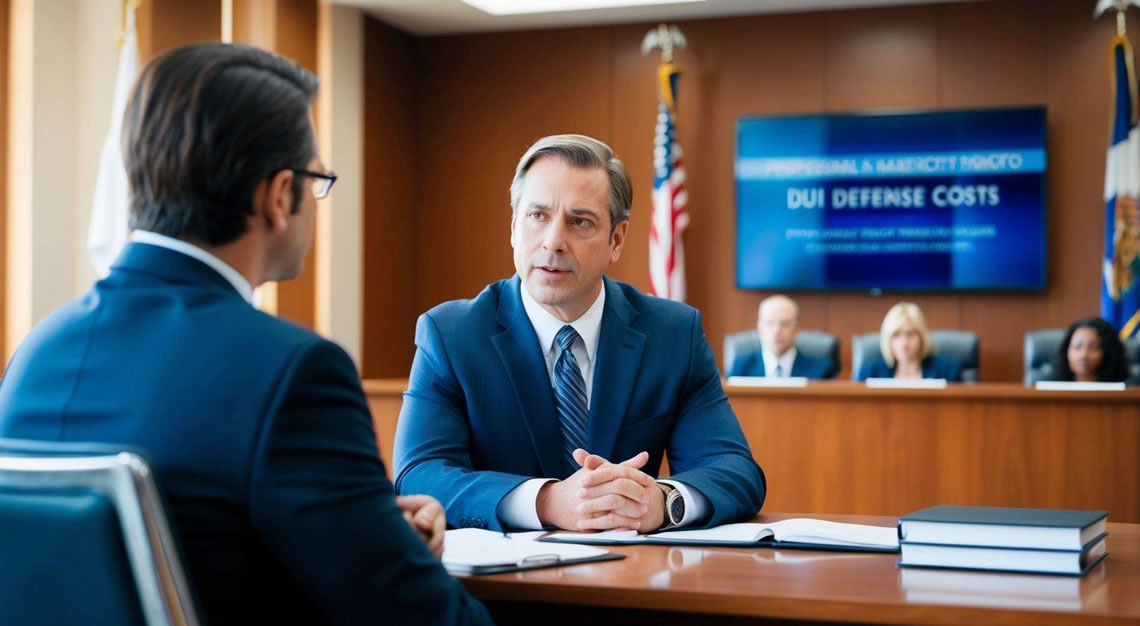 A courtroom scene with a lawyer and client discussing DUI defense costs in Arizona