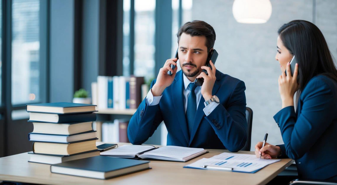 A DUI lawyer sitting at a desk in a modern office, surrounded by law books and legal documents, talking on the phone with a concerned client