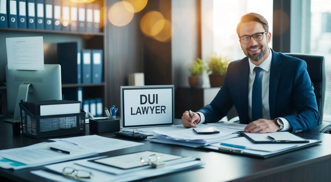 A DUI lawyer's office with a desk cluttered with legal documents and a sign displaying the cost of services