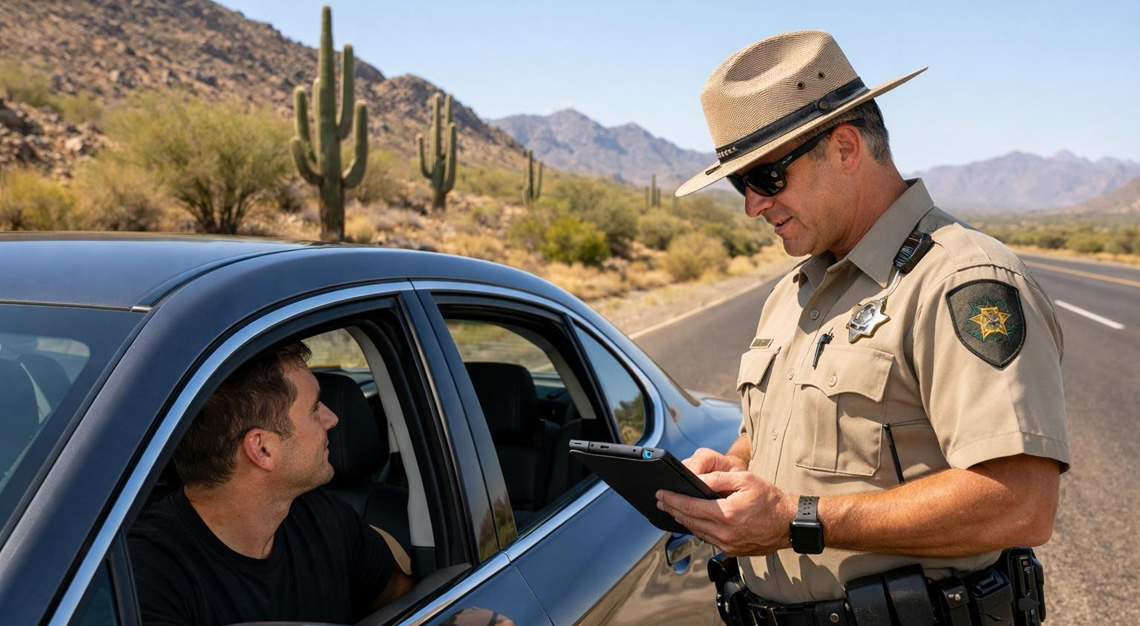 A police officer talks to a driver beside a car on a sunny Arizona highway with desert and cacti in the background.