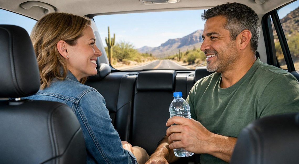 Two adult passengers sitting in the back seat of a car driving on a sunny Arizona highway, with a desert landscape visible outside.