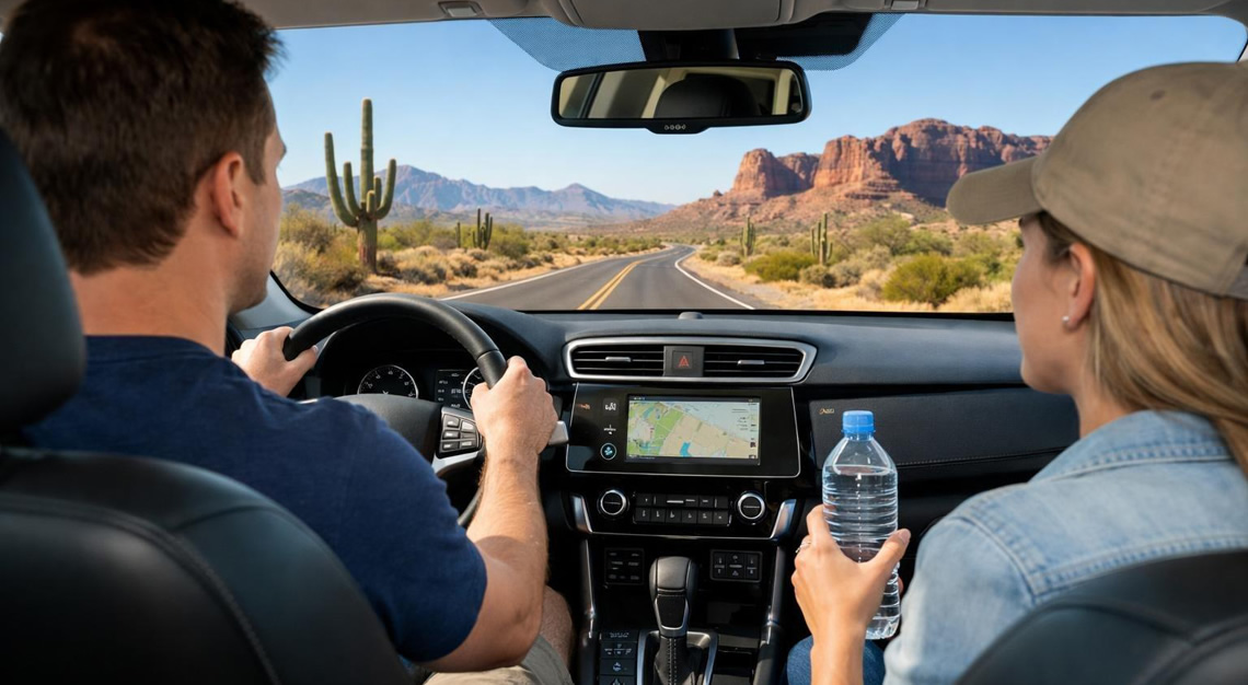 Interior of a car driving on an Arizona highway with a driver focused on the road and a passenger holding a closed water bottle, surrounded by desert scenery.