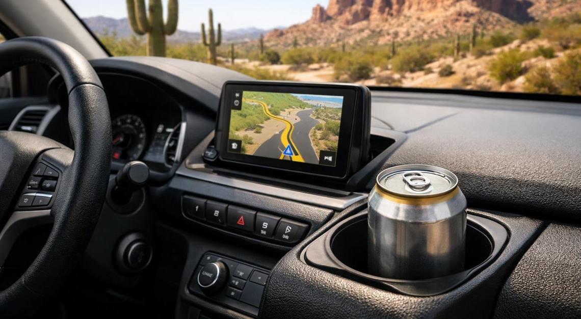 View of a car interior with a sealed beverage container in the cup holder and a sunny Arizona desert with cacti visible through the window.