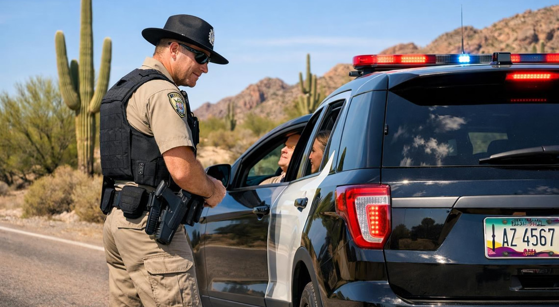 A police officer talks to a driver at a roadside in a desert area with cacti and rocky terrain under a clear blue sky.