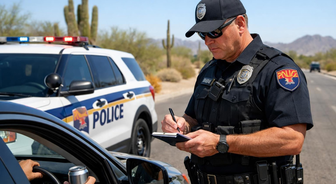 An Arizona police officer issuing a ticket to a driver during a traffic stop on a sunny street with desert plants in the background.