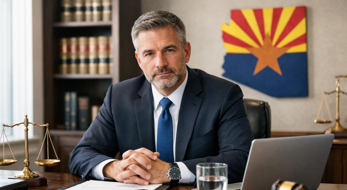 A lawyer in a modern office consulting with a client about legal matters related to alcohol laws, with an Arizona state flag visible in the background.