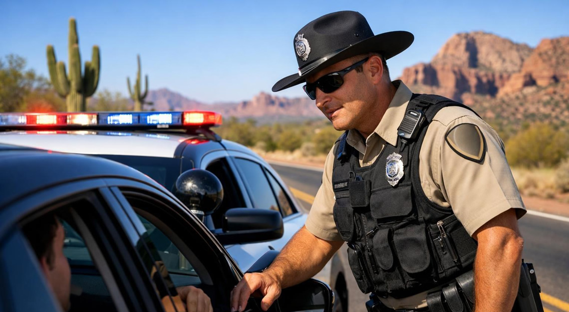 A police officer talks to a driver beside a police car on a sunny Arizona street with desert scenery in the background.