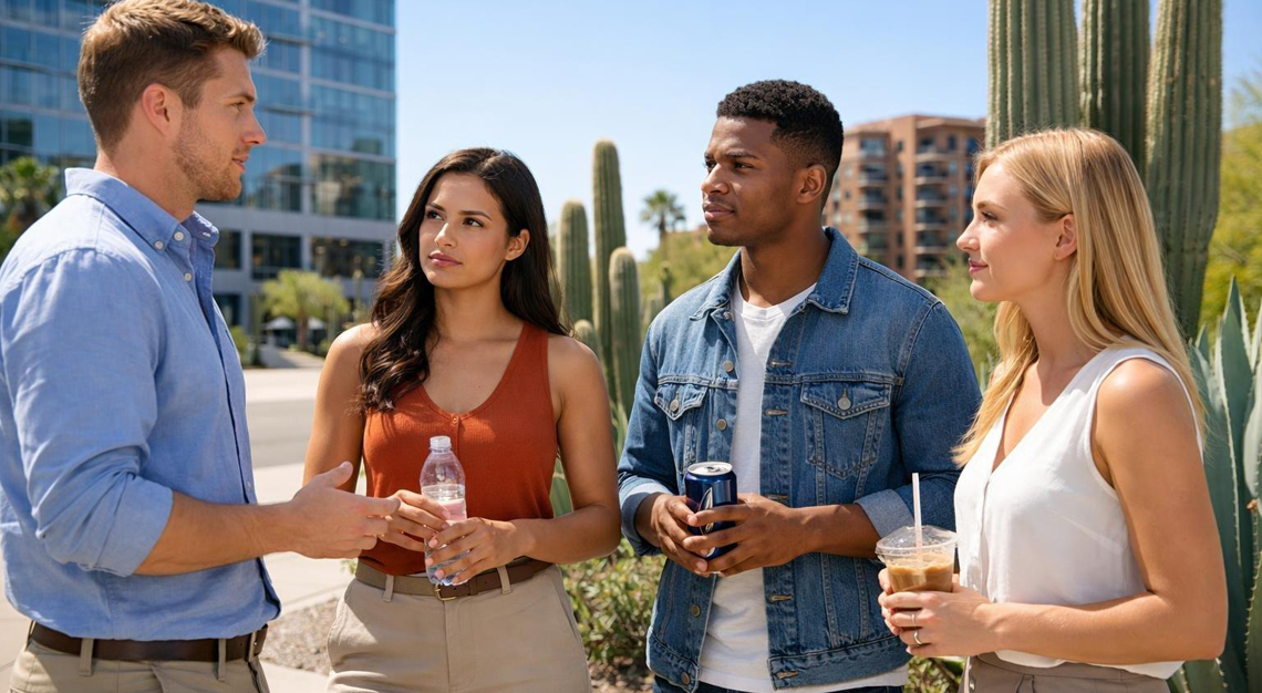 A group of young adults talking outdoors in a sunny Arizona city setting with desert plants in the background.