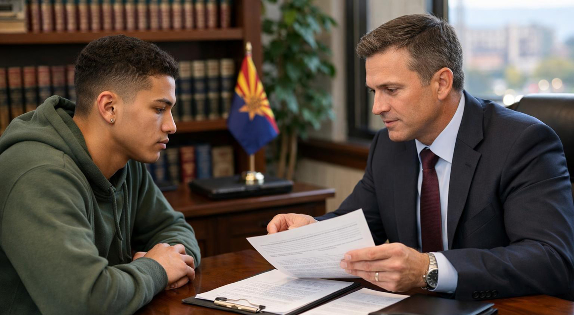 A young adult consulting with a lawyer in an office about legal matters, with legal books and an Arizona state flag in the background.