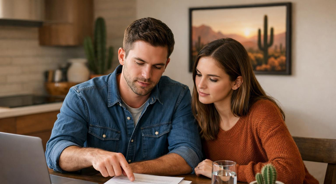 Two young adults sitting at a kitchen table in a home, reviewing documents together with a laptop and desert-themed decor in the background.