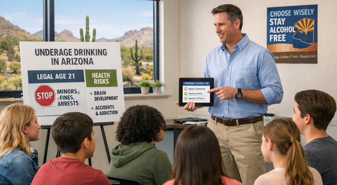 A group of teenagers attentively listening to an adult educator in a classroom with a desert landscape visible through the window.