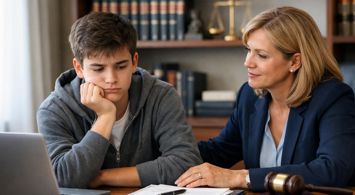 A teenager and a professional having a serious conversation in an office setting.