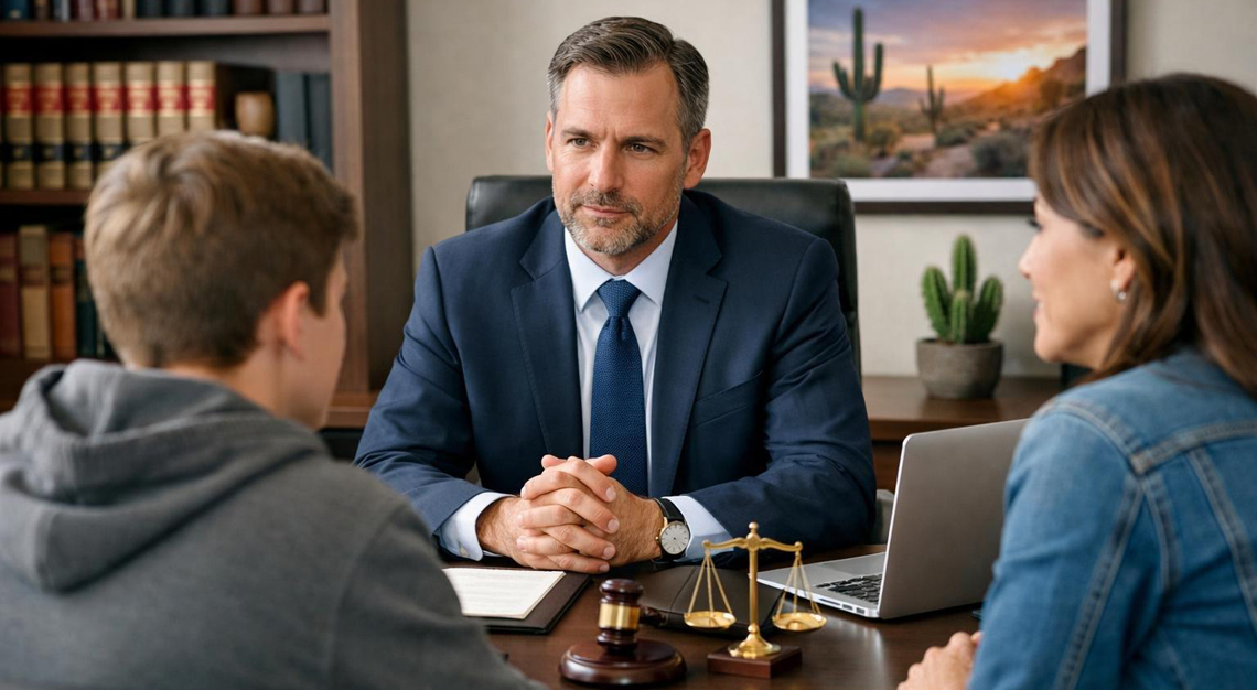 A lawyer consulting with a young person and their guardian in a law office.