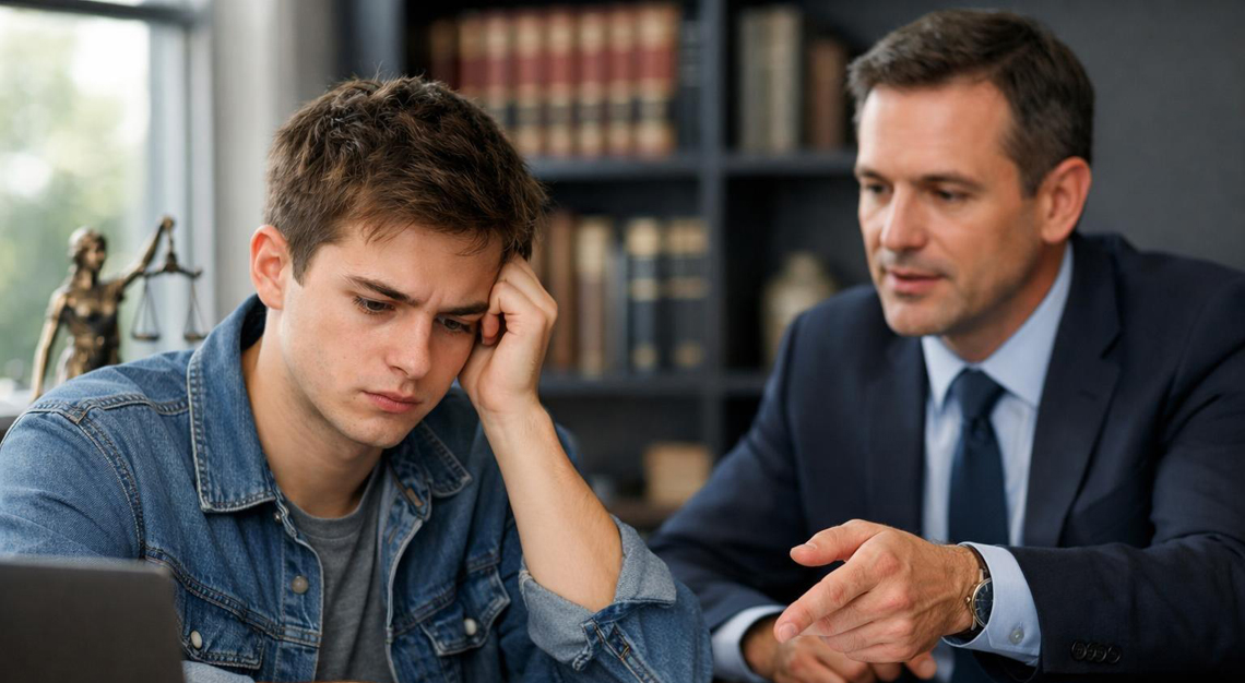 A young adult consulting with a lawyer in a legal office, reviewing documents together.