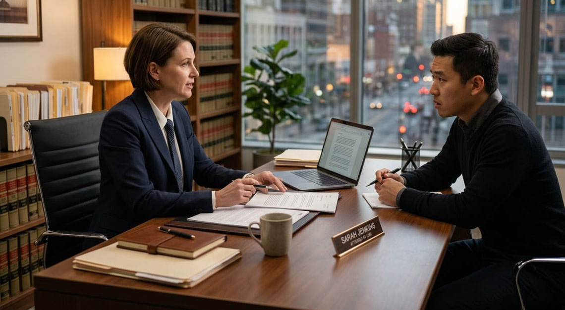 A lawyer in a suit talking seriously with a concerned client in an office with legal books and city view through the window.