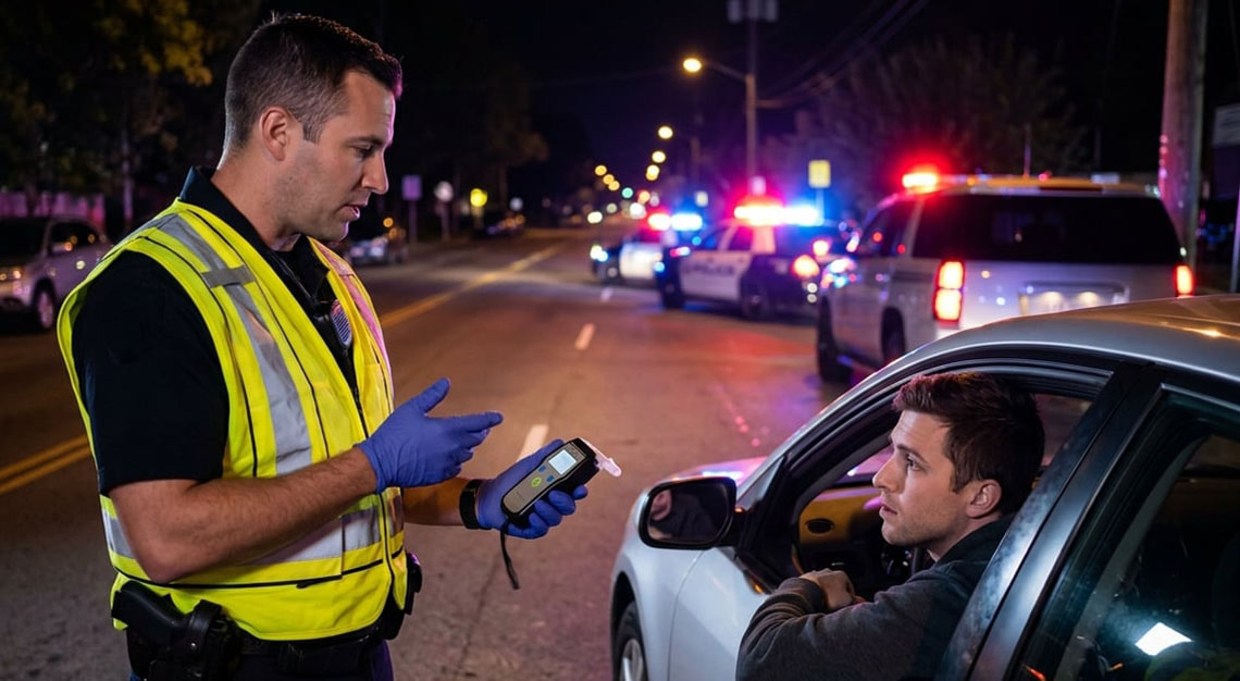 Police officer conducting a roadside drug test on a driver at night with police car lights flashing in the background.