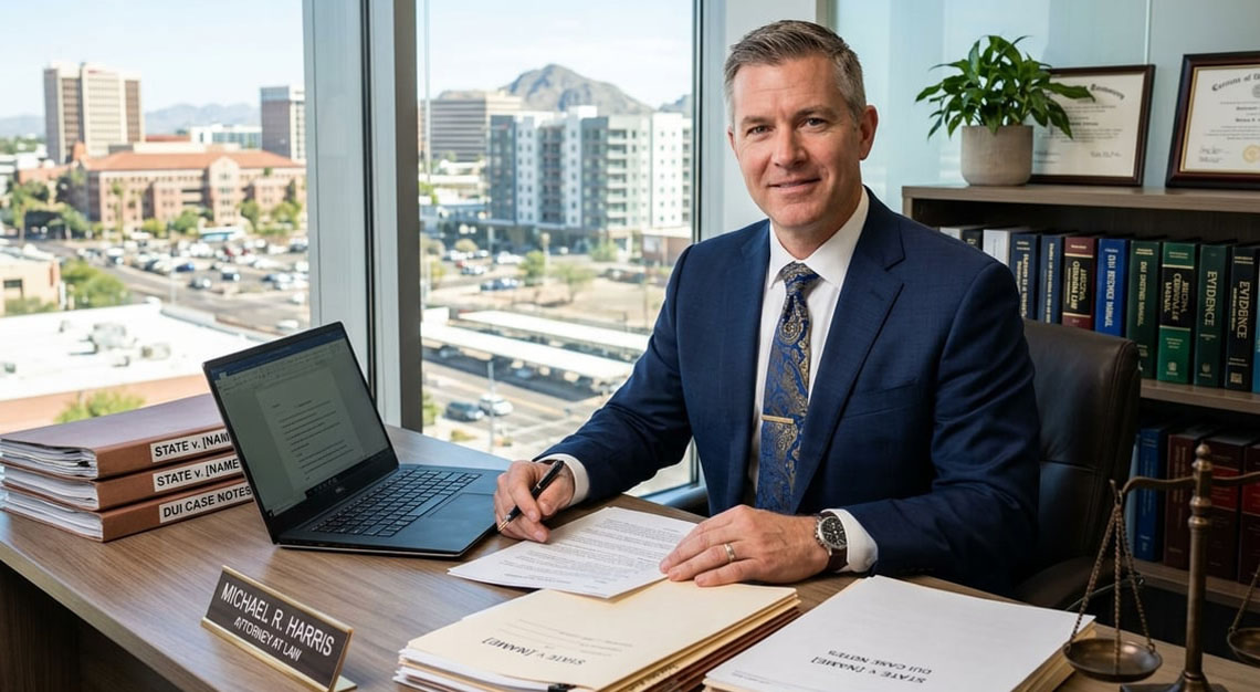 An attorney in a suit sitting at a desk in a modern office with legal documents and a city view in the background.