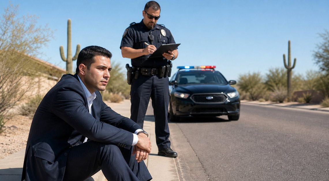 A man sitting on a curb next to a police officer and a police car with flashing lights on a sunny Arizona street with desert plants in the background.