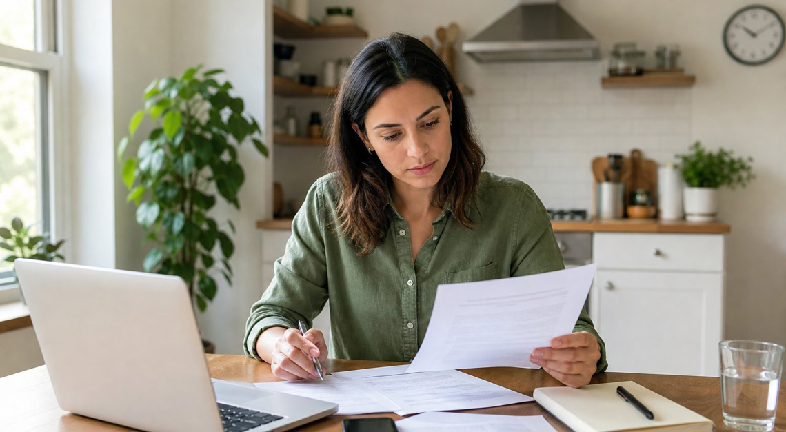 A young adult sitting at a kitchen table reviewing documents with a smartphone and laptop, appearing focused and calm.