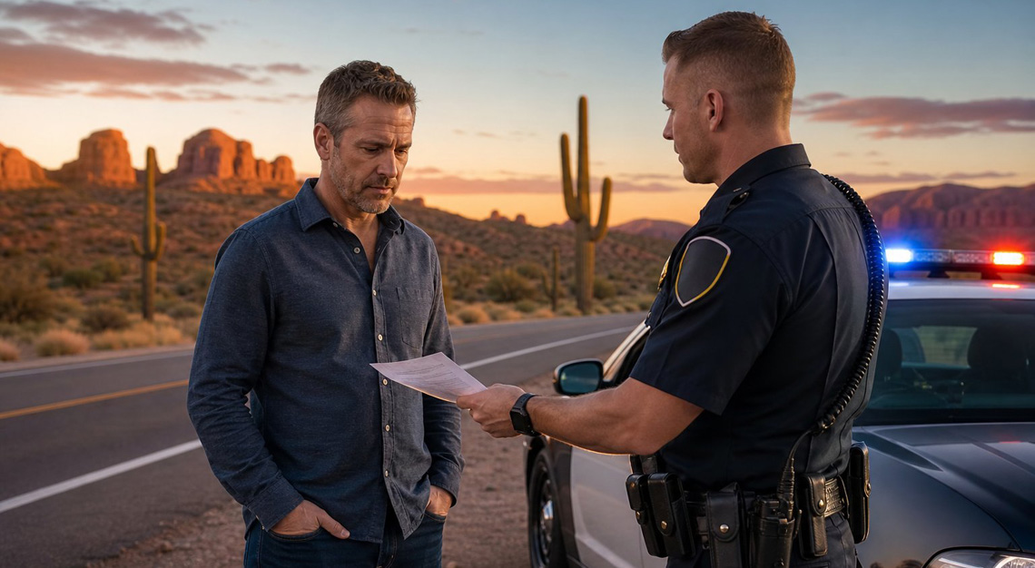 A man standing next to a police car on a desert highway in Arizona, receiving documents from a police officer during a DUI arrest at dusk.