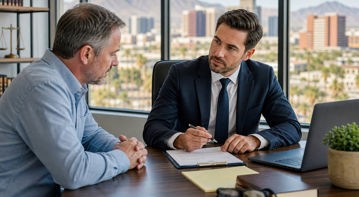 A lawyer consulting with a client in an office with a sunny Arizona city view in the background.