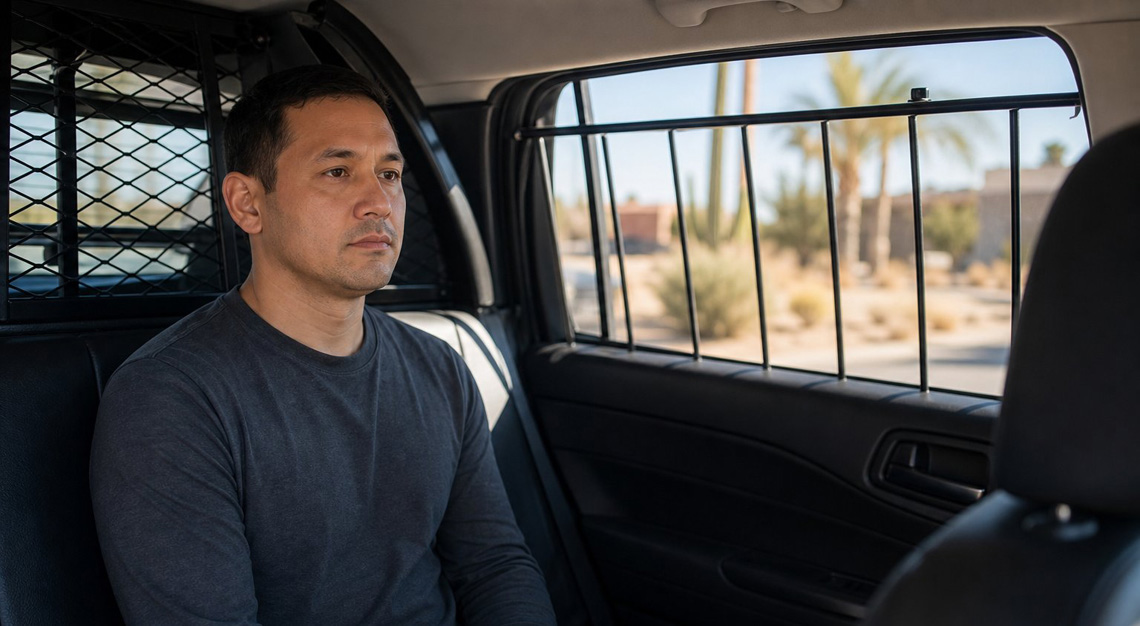 A calm person sitting in the backseat of a police car with a neutral expression, with an urban street visible outside the window.