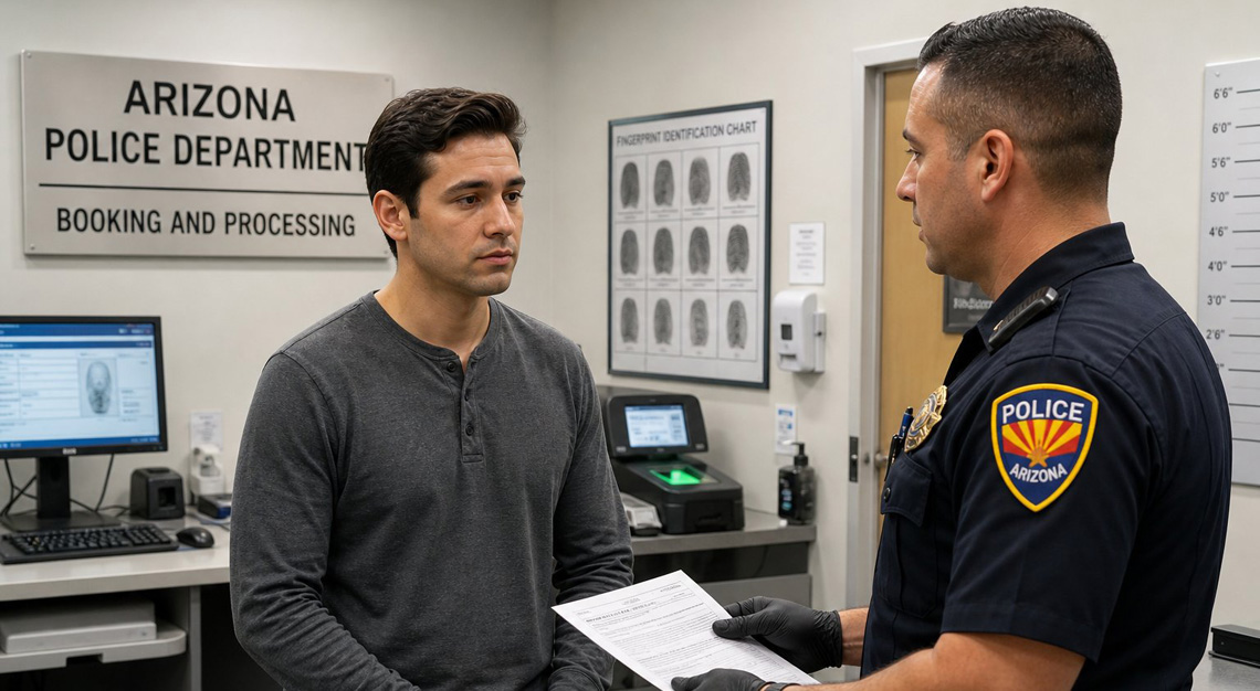 A young man listening to a police officer explaining procedures in a police booking area.