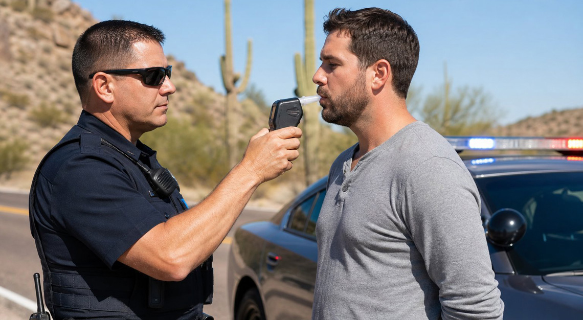 A police officer stands next to a driver beside a police car on an Arizona road, preparing to administer a breath test after a DUI arrest.