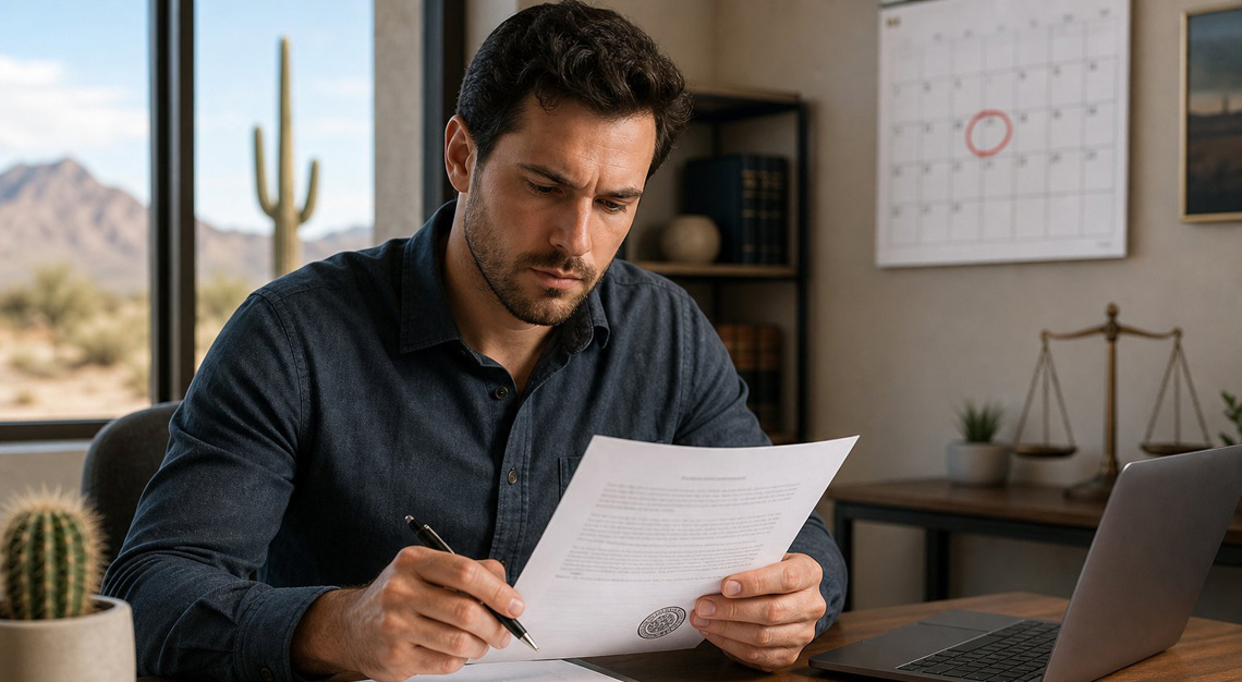 A young man at a desk reviewing official paperwork with a laptop and calendar nearby, in a home office with a desert landscape visible through the window.