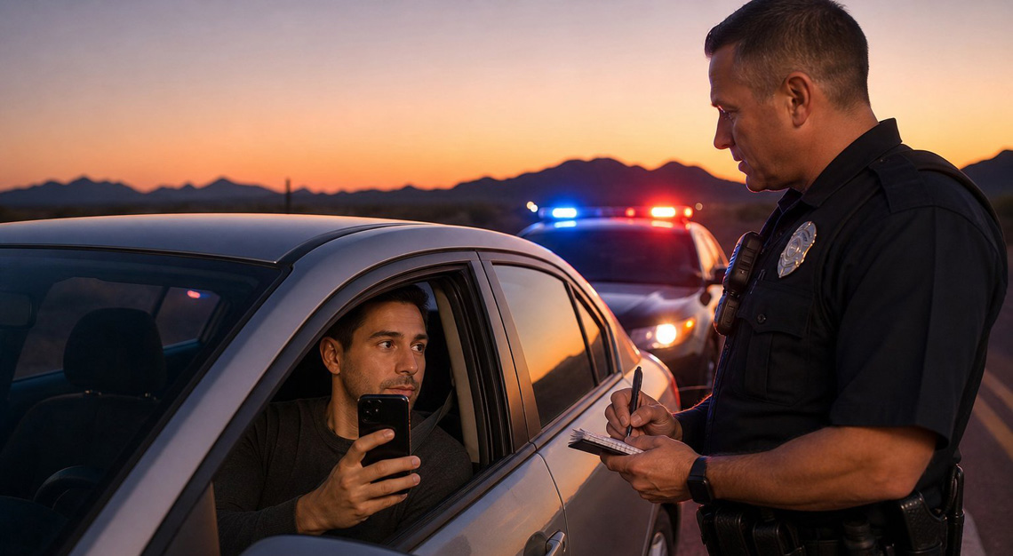 A person sitting in a car during a DUI stop with a police officer standing outside the window, on a quiet Arizona road at sunset.