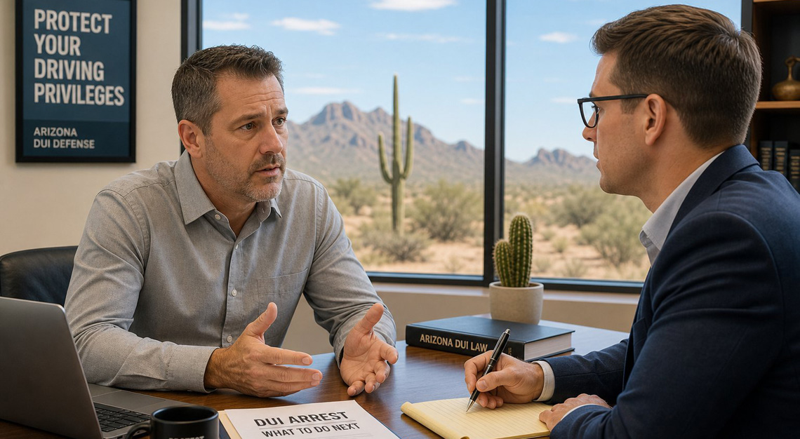A man consulting with a lawyer in an office with a desert landscape visible through the window.