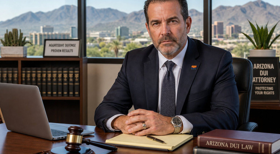 A confident attorney sitting at a desk in an office with a view of an Arizona city and mountains outside the window.