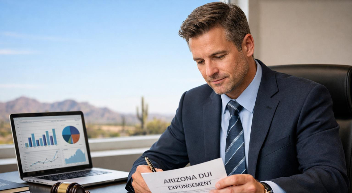 A business professional reviewing legal documents at a desk with a laptop and a gavel, with a desert landscape visible through a window.