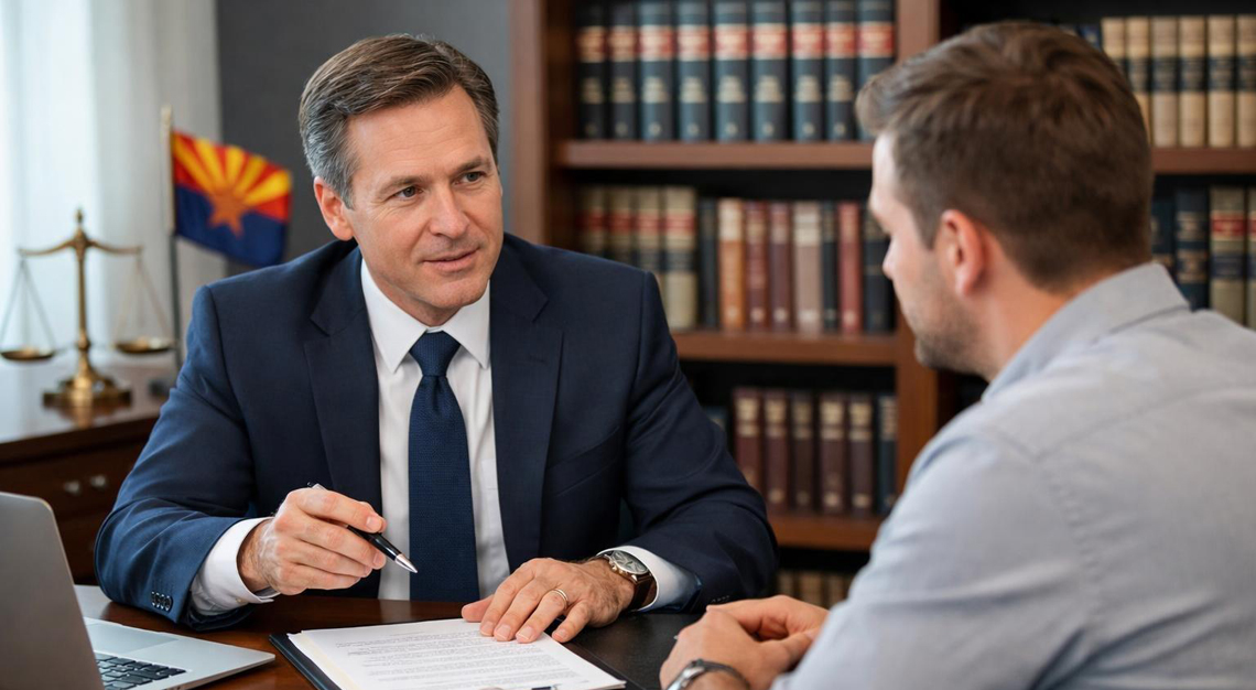 A lawyer and client discussing legal documents in a law office with bookshelves and an Arizona flag in the background.