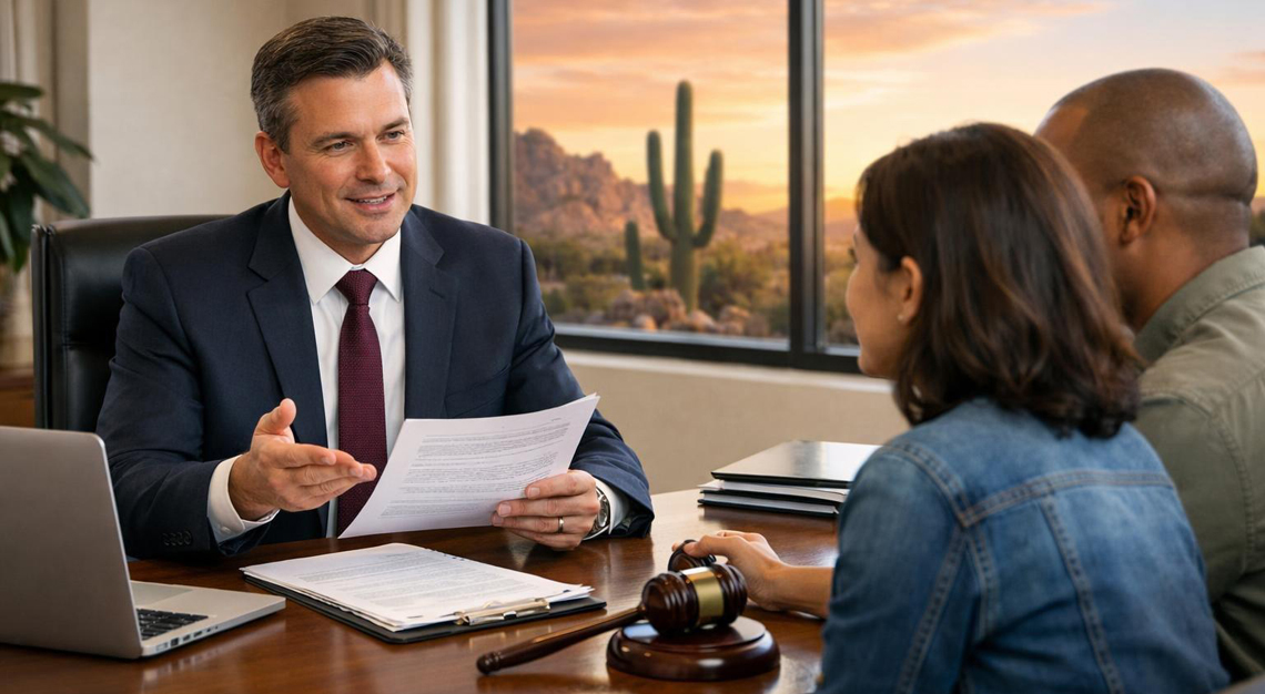 A lawyer and client discussing legal documents in an office with a desert landscape visible through the window.