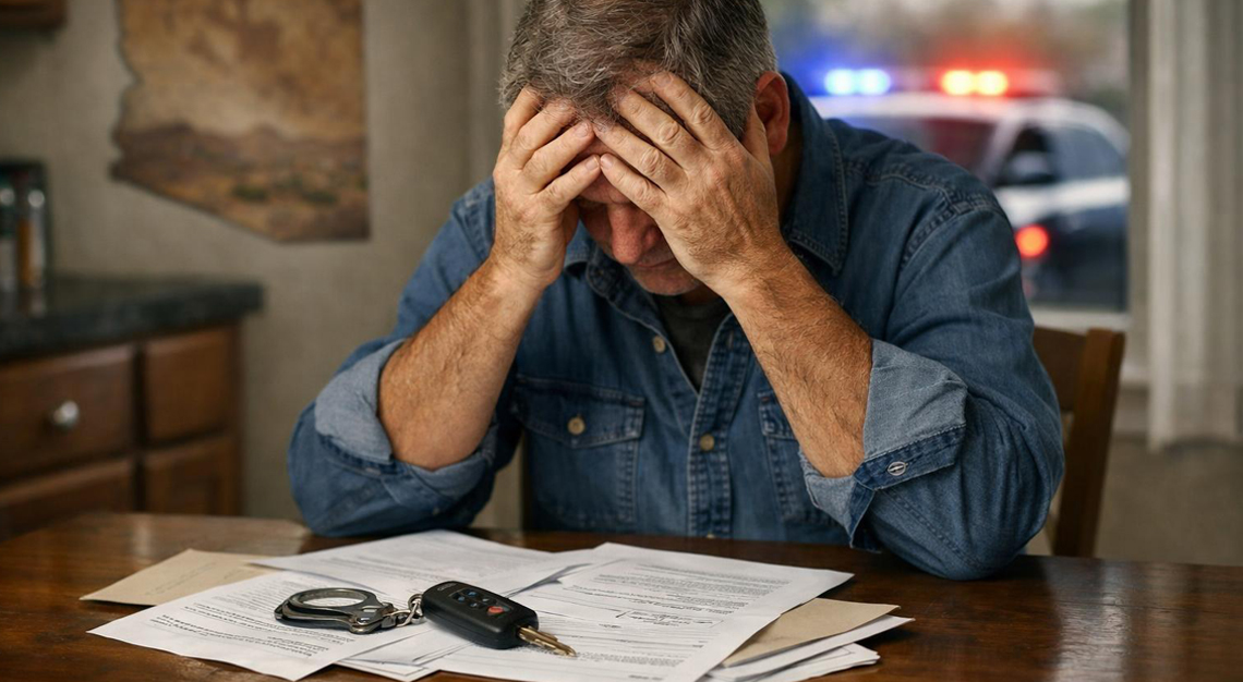 A man sitting at a kitchen table looking distressed with papers and car keys in front of him, a police car with flashing lights is visible outside a window.