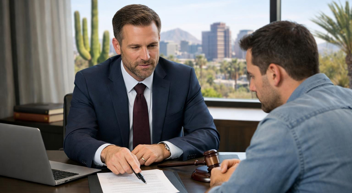 A lawyer and client discussing legal documents in an office with a sunny Arizona cityscape visible through the window.