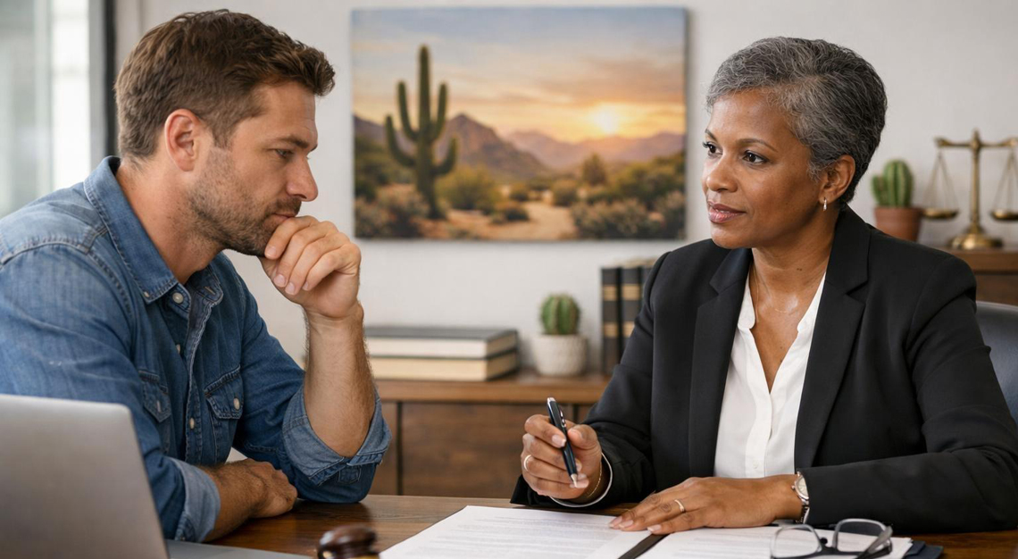 A person consulting with a lawyer in a modern office, discussing legal documents with a desert-themed decoration in the background.