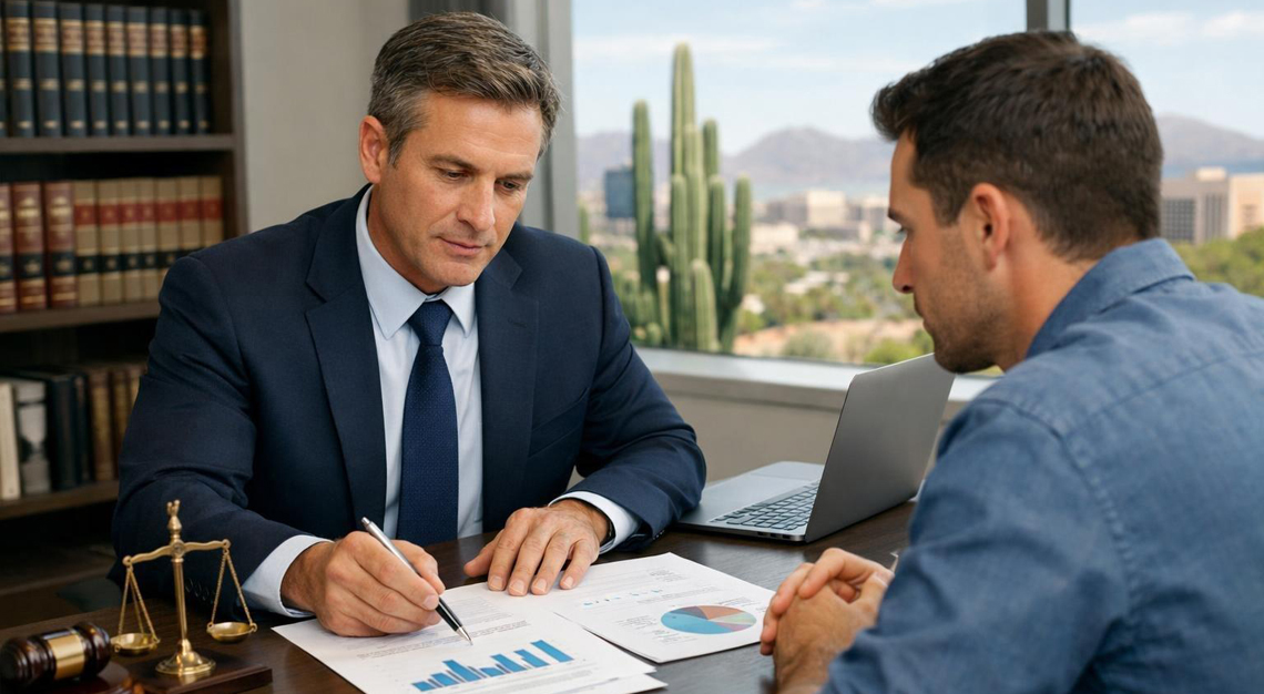 A lawyer and client discussing legal documents in a bright office with a view of an Arizona cityscape and desert plants outside.