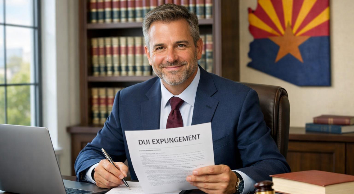 A lawyer reviewing legal documents in a modern office with a bookshelf and Arizona state flag in the background.