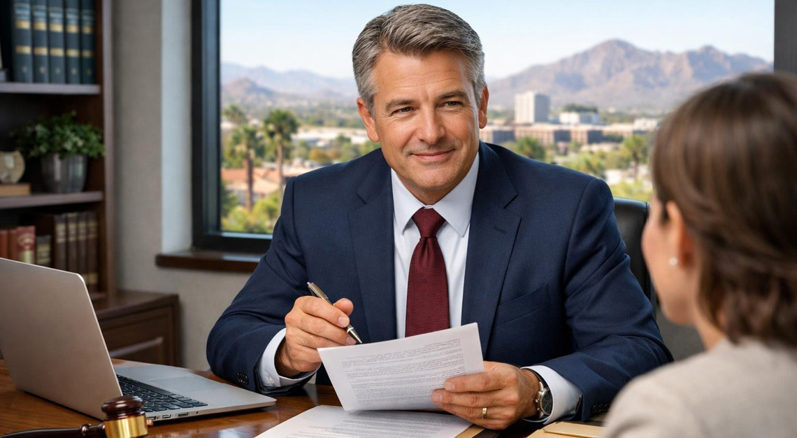 A lawyer meeting with a client in an office with a view of an Arizona city and desert landscape.