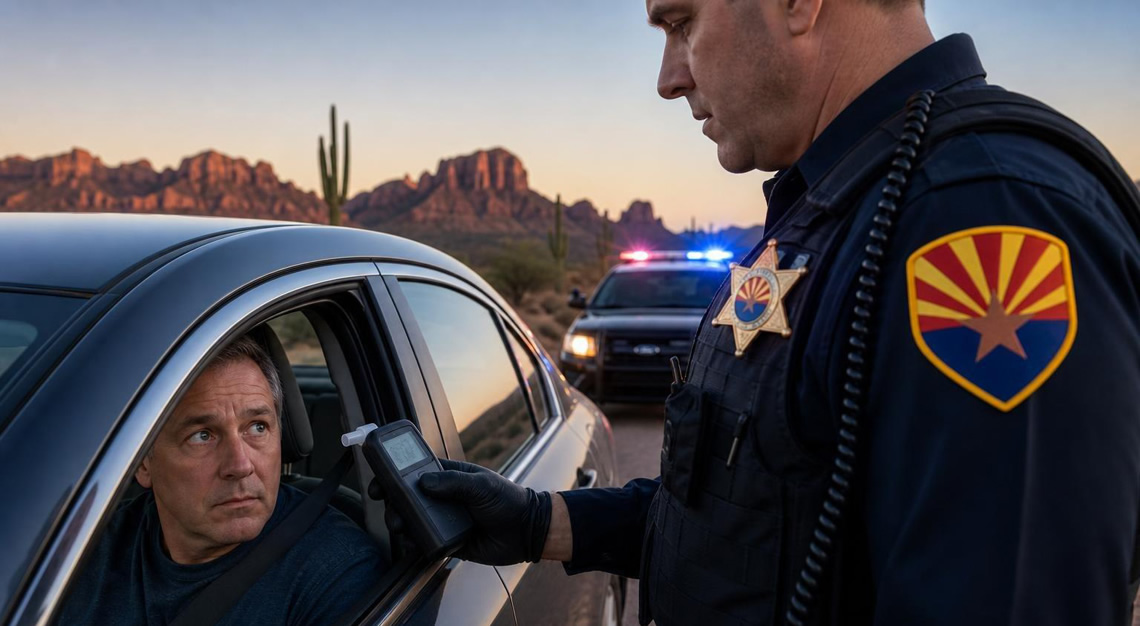 Police officer administering a breathalyzer test to a driver in a car on a desert highway in Arizona at dusk.