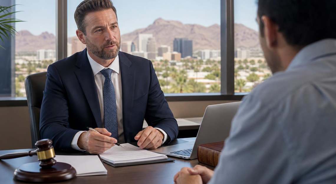 A lawyer consulting with a client in an office with a cityscape and desert visible through the window.