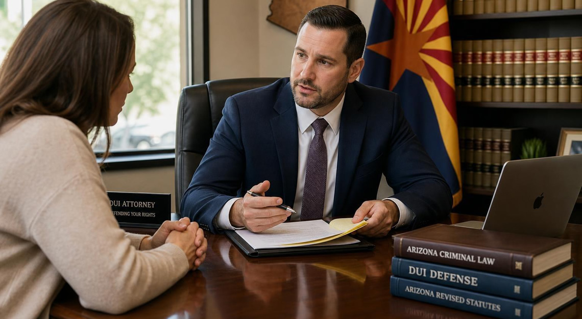 A lawyer consulting with a client in an office with legal books and an Arizona map in the background.