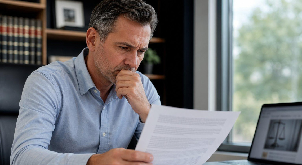 A man sitting at a desk reviewing legal documents with a concerned expression in an office setting.