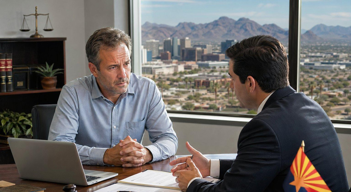 A man consulting with an attorney in a law office with an Arizona cityscape visible through the window.