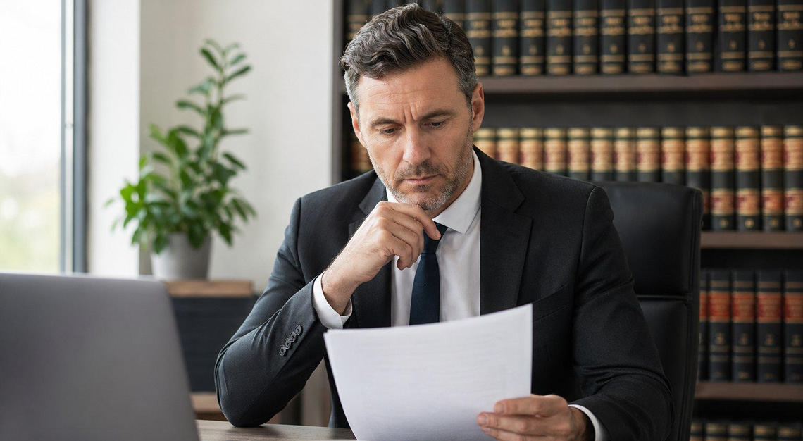 A middle-aged man reviewing documents at a desk in an office with law books in the background.